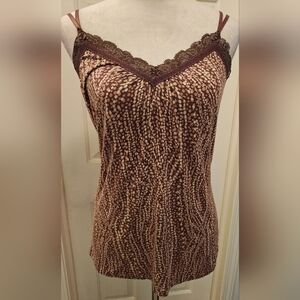 Y2K Express Abstract w Dots Print Cami Tank Top w Scalloped Lace Trim.